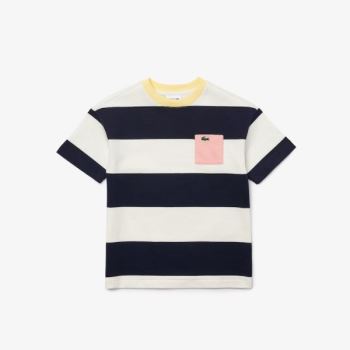 Lacoste Crewneck Rugby Striped Bavlněné T-shirt Bílé Tmavě Blankyt Blankyt | XMBPqy37