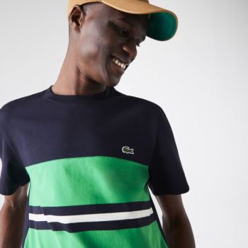 Lacoste Crewneck Striped Bavlněné T-shirt Tmavě Blankyt Blankyt Zelene Béžový | smNNOYuW