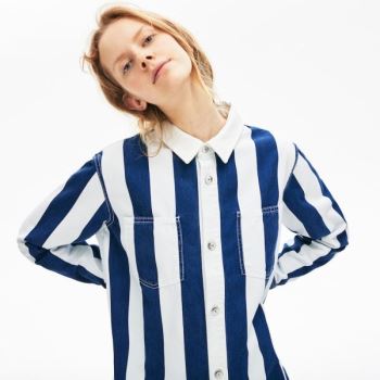 Lacoste LIVE Striped Bavlněné Shirtdress Bílé Tmavě Blankyt Blankyt | DrNdRPRy