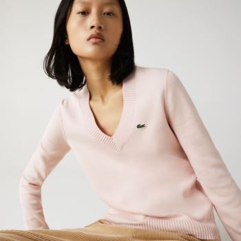 Lacoste V-neck Organic Bavlněné Svetrové Světle Růžové Bílé | Fjw9Tj0t