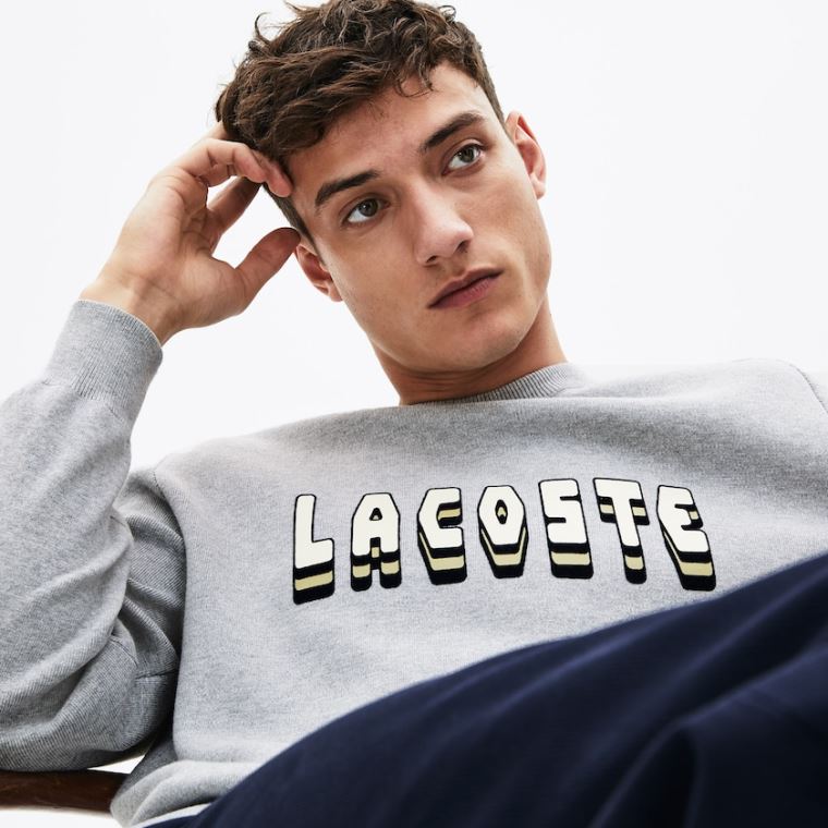 Lacoste 3D-Lettering Crewneck Bavlněné Blend Svetrové Šedé | DOfnBERA