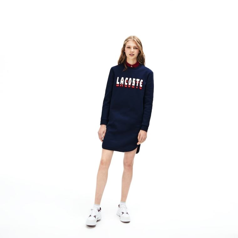 Lacoste 3D-Lettering Fleece Sweatshirt Šaty Tmavě Blankyt Blankyt | AwwzRBIC