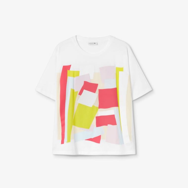 Lacoste Art-Print Bavlněné T-Shirt Bílé | dD5BqhKH