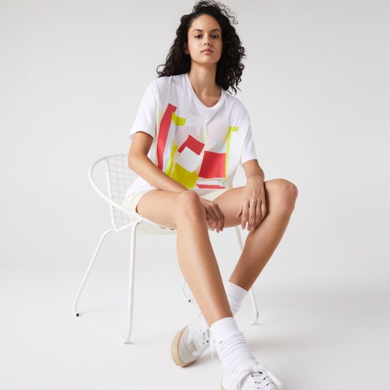 Lacoste Art-Print Bavlněné T-Shirt Bílé | dD5BqhKH