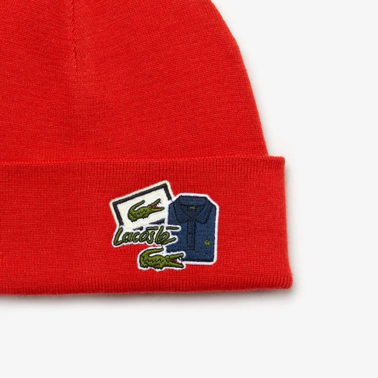 Lacoste Badge Ribbed Wool Beanie Červené | AY7lvjZH