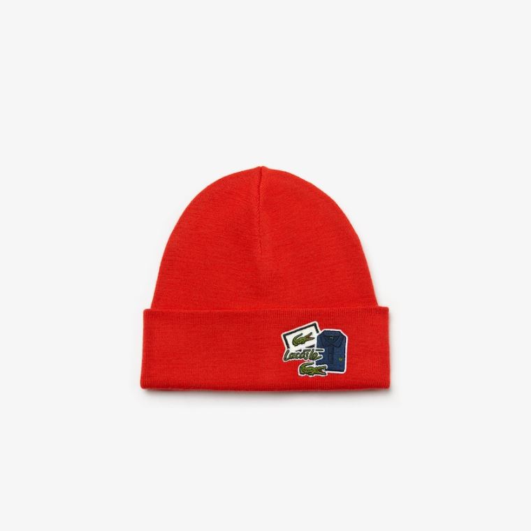 Lacoste Badge Ribbed Wool Beanie Červené | AY7lvjZH