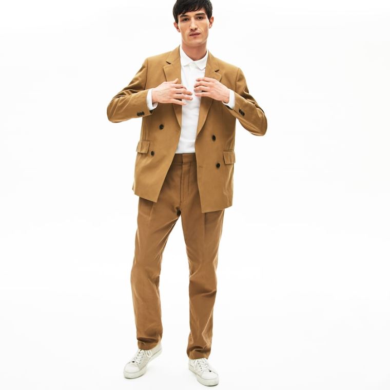 Lacoste Bavlněné-Linen Double-Breasted Jacket Hnědé | 0vbzOtX1