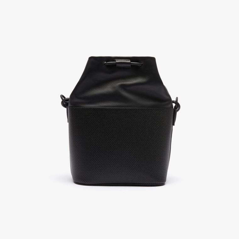 Lacoste Chantaco Matte Piqué Læder Drawstring Bucket Bag Černé | kdkfUmgt