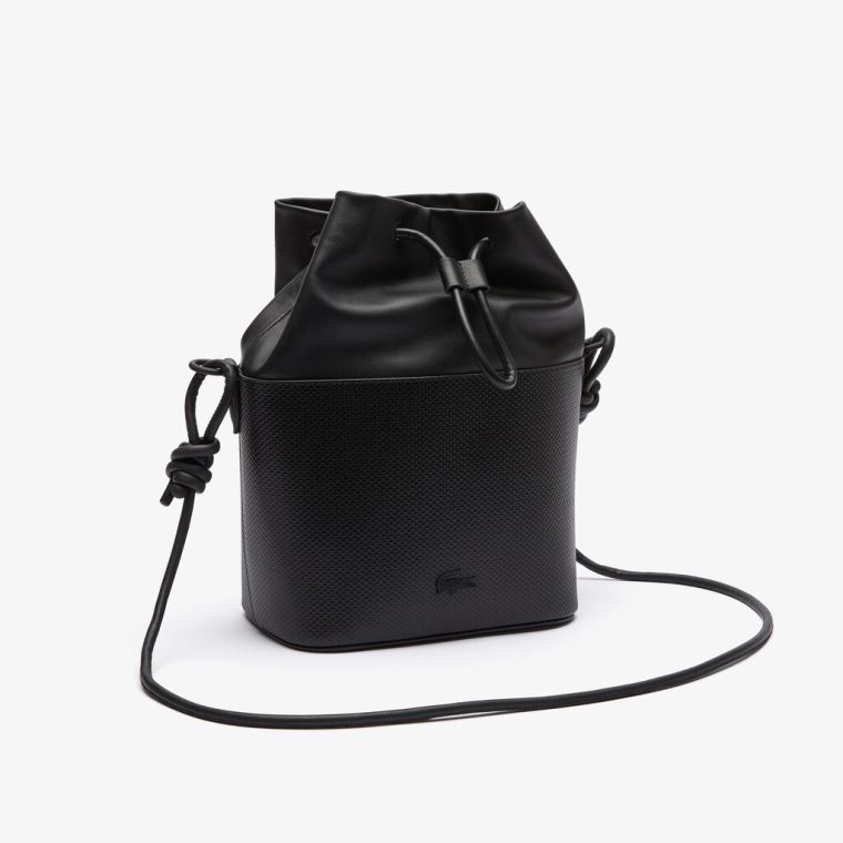 Lacoste Chantaco Matte Piqué Læder Drawstring Bucket Bag Černé | kdkfUmgt