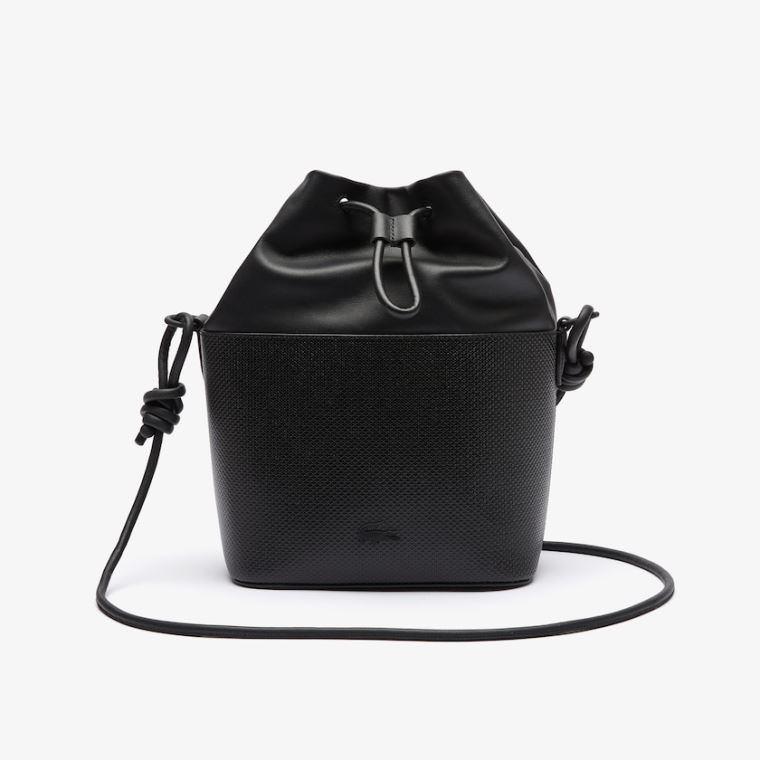 Lacoste Chantaco Matte Piqué Læder Drawstring Bucket Bag Černé | kdkfUmgt