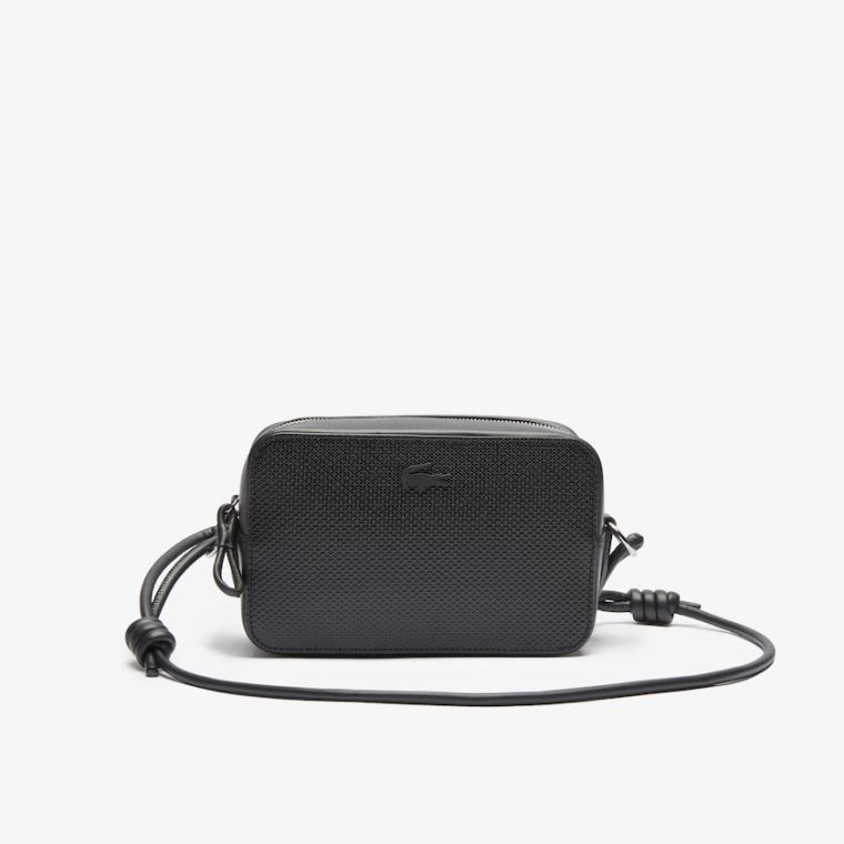 Lacoste Chantaco Matte Piqué Læder Shoulder Bag Černé | PoP5X6hu