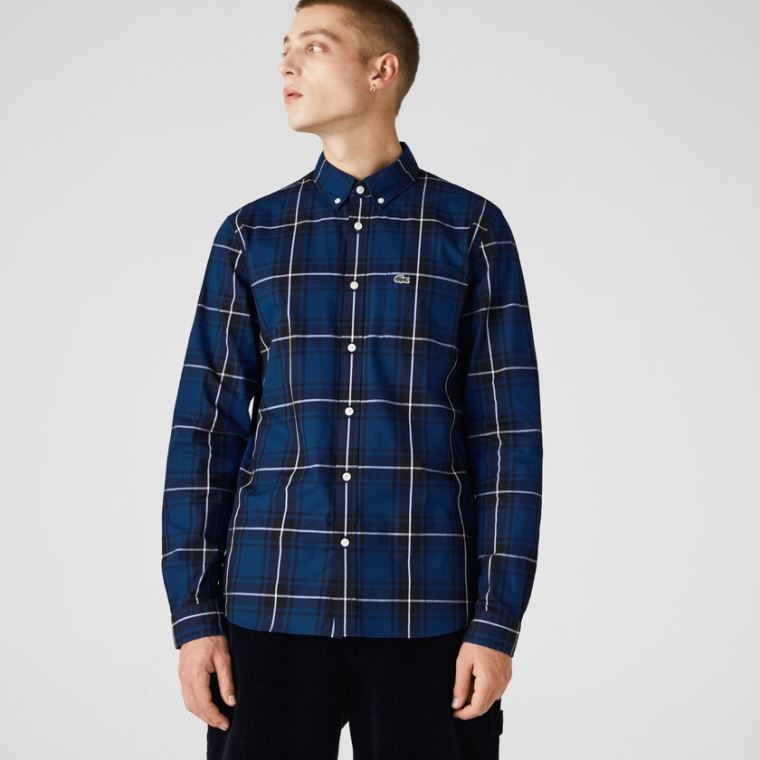 Lacoste Checked Slim Fit Stretch Bavlněné Poplin Shirt Blankyt Černé Bílé | 8UJgcksH