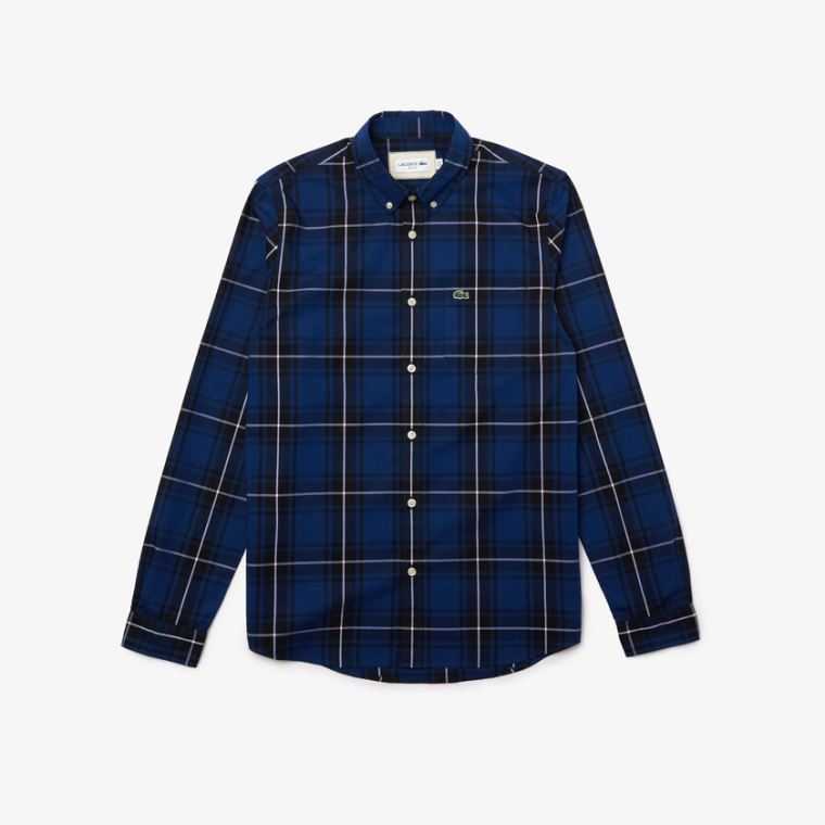 Lacoste Checked Slim Fit Stretch Bavlněné Poplin Shirt Blankyt Černé Bílé | 8UJgcksH