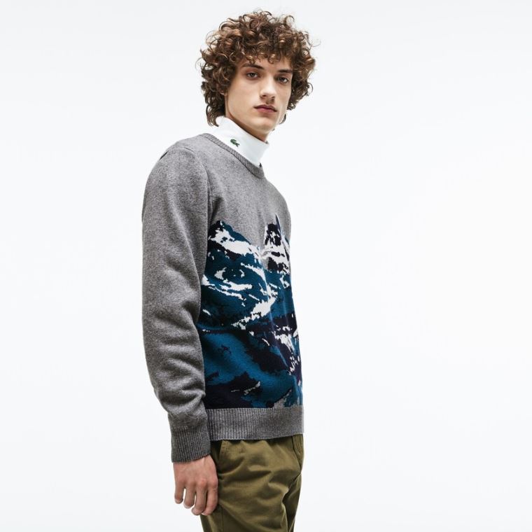 Lacoste Crew Neck Alpine Print Wool And Bavlněné Jacquard Svetrové Šedé Zelene Blankyt Bílé | IylXNy60