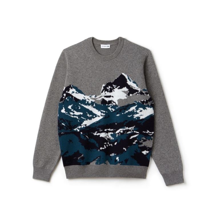 Lacoste Crew Neck Alpine Print Wool And Bavlněné Jacquard Svetrové Šedé Zelene Blankyt Bílé | IylXNy60