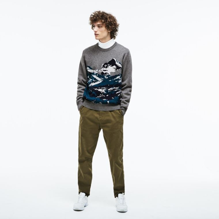 Lacoste Crew Neck Alpine Print Wool And Bavlněné Jacquard Svetrové Šedé Zelene Blankyt Bílé | IylXNy60