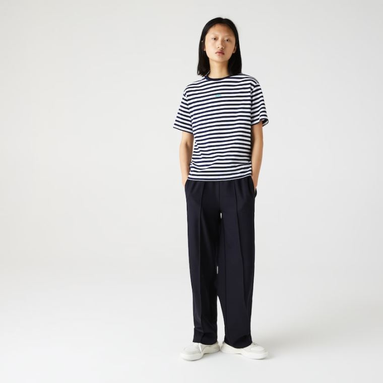 Lacoste Crew Neck Branded Striped Bavlněné T-shirt Tmavě Blankyt Blankyt Bílé | smEagY8a