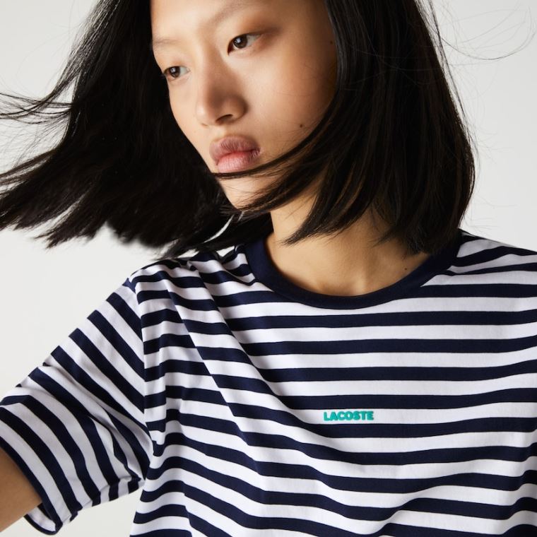 Lacoste Crew Neck Branded Striped Bavlněné T-shirt Tmavě Blankyt Blankyt Bílé | smEagY8a