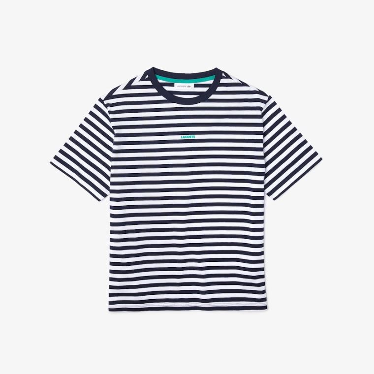 Lacoste Crew Neck Branded Striped Bavlněné T-shirt Tmavě Blankyt Blankyt Bílé | smEagY8a