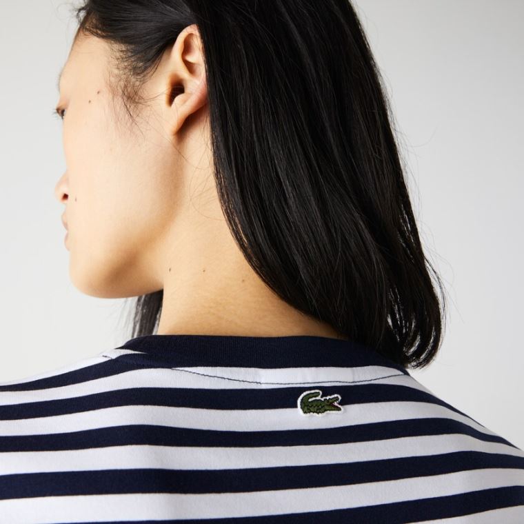 Lacoste Crew Neck Branded Striped Bavlněné T-shirt Tmavě Blankyt Blankyt Bílé | smEagY8a