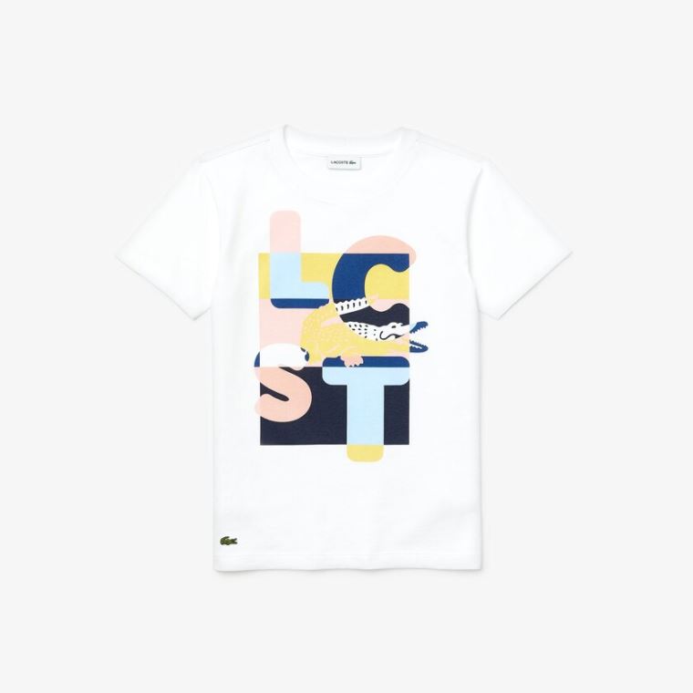 Lacoste Crew Neck Print Bavlněné T-shirt Bílé | 96c3t9fx