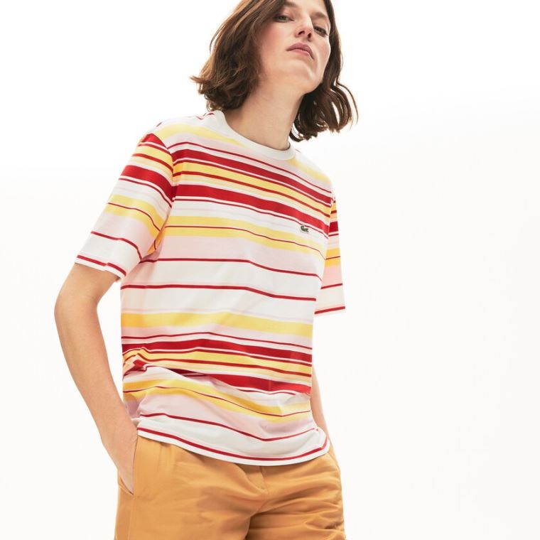 Lacoste Crew Neck Striped Bavlněné T-shirt Bílé Červené Světle Růžové Žluté | fziXJxHL