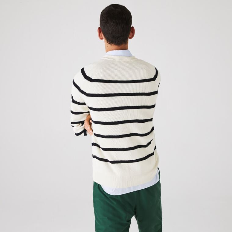 Lacoste Crew Neck Striped Ribbed Wool Svetrové Bílé Tmavě Blankyt Blankyt | Yq0N6gpI