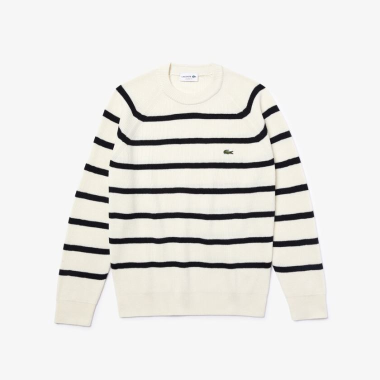 Lacoste Crew Neck Striped Ribbed Wool Svetrové Bílé Tmavě Blankyt Blankyt | Yq0N6gpI