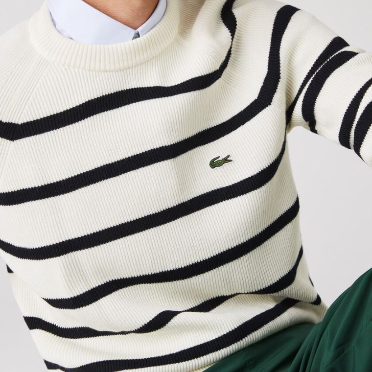 Lacoste Crew Neck Striped Ribbed Wool Svetrové Bílé Tmavě Blankyt Blankyt | Yq0N6gpI