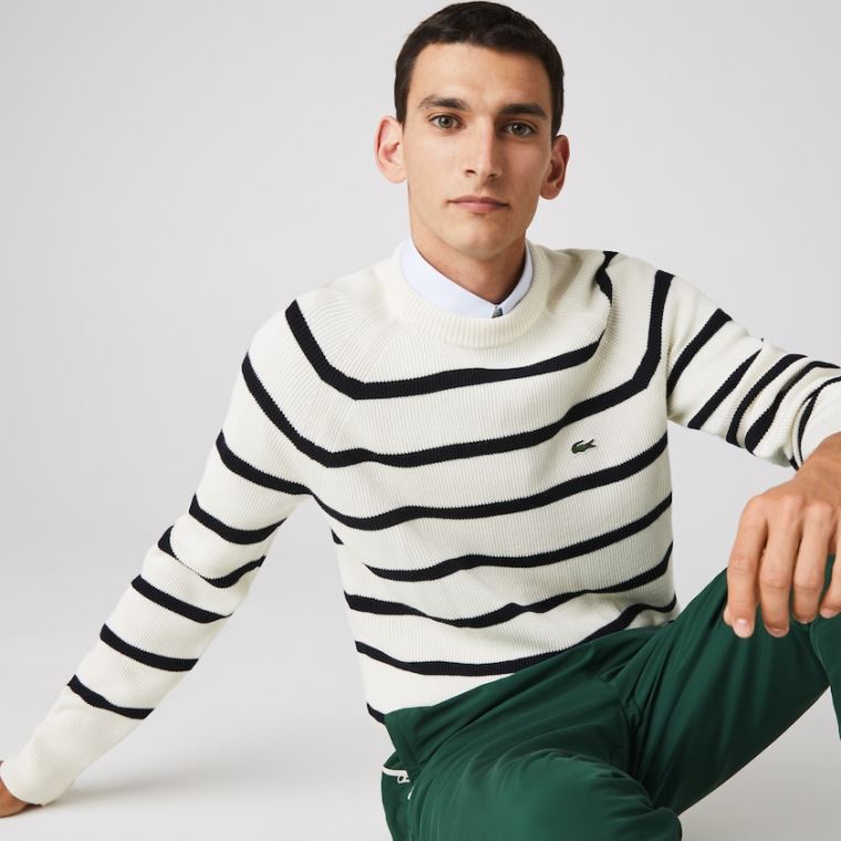 Lacoste Crew Neck Striped Ribbed Wool Svetrové Bílé Tmavě Blankyt Blankyt | Yq0N6gpI