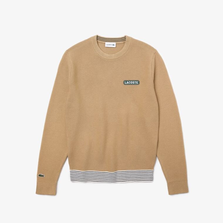 Lacoste Crew Neck Textured Wool And Bavlněné Svetrové Béžový Bílé Tmavě Blankyt Blankyt | TWXVQq6s