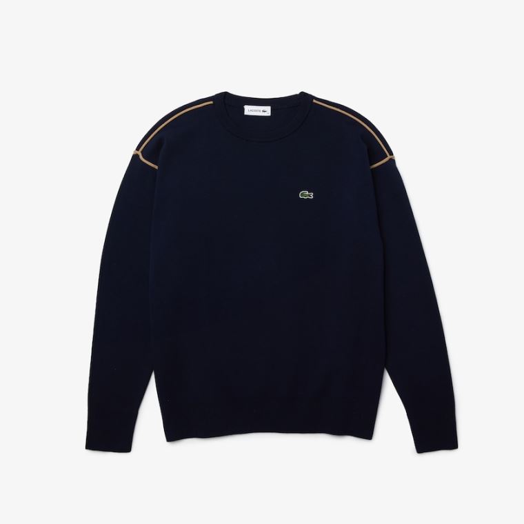 Lacoste Crewneck Bavlněné Svetrové Tmavě Blankyt Blankyt Béžový | H1U1Qqby