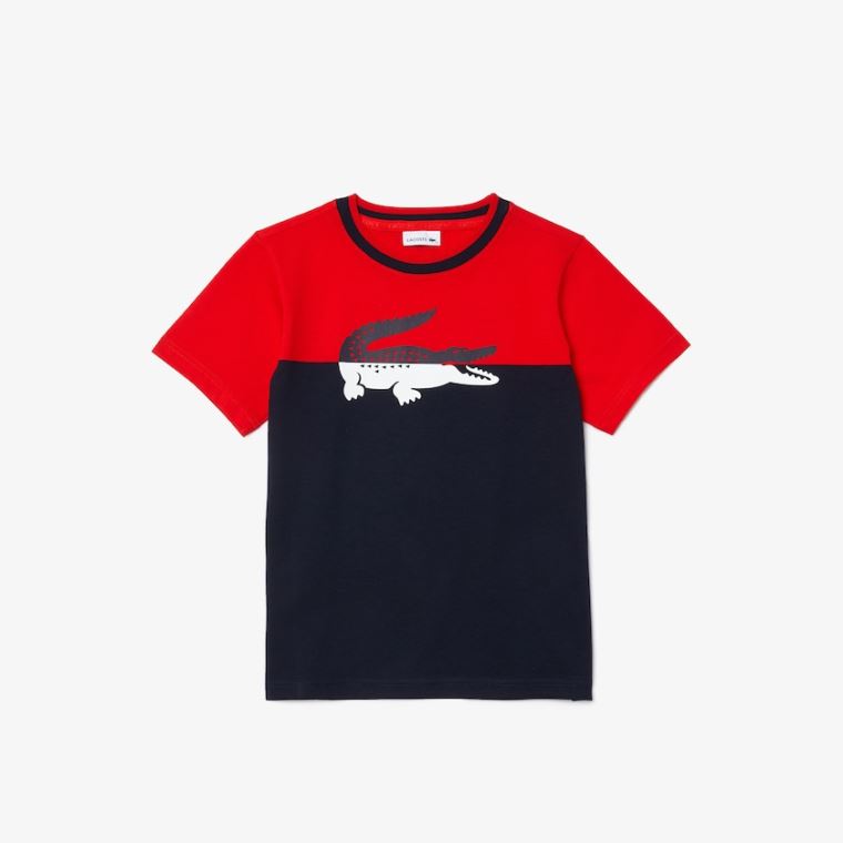 Lacoste Crewneck Croc-Print Bavlněné T-shirt Červené Tmavě Blankyt Blankyt | ulYV9ru8