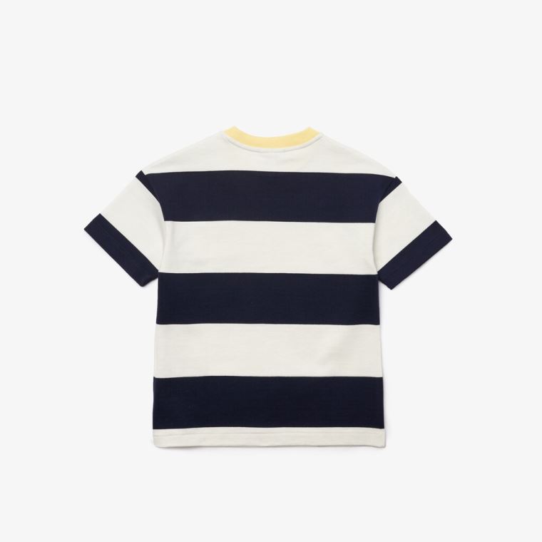 Lacoste Crewneck Rugby Striped Bavlněné T-shirt Bílé Tmavě Blankyt Blankyt | XMBPqy37