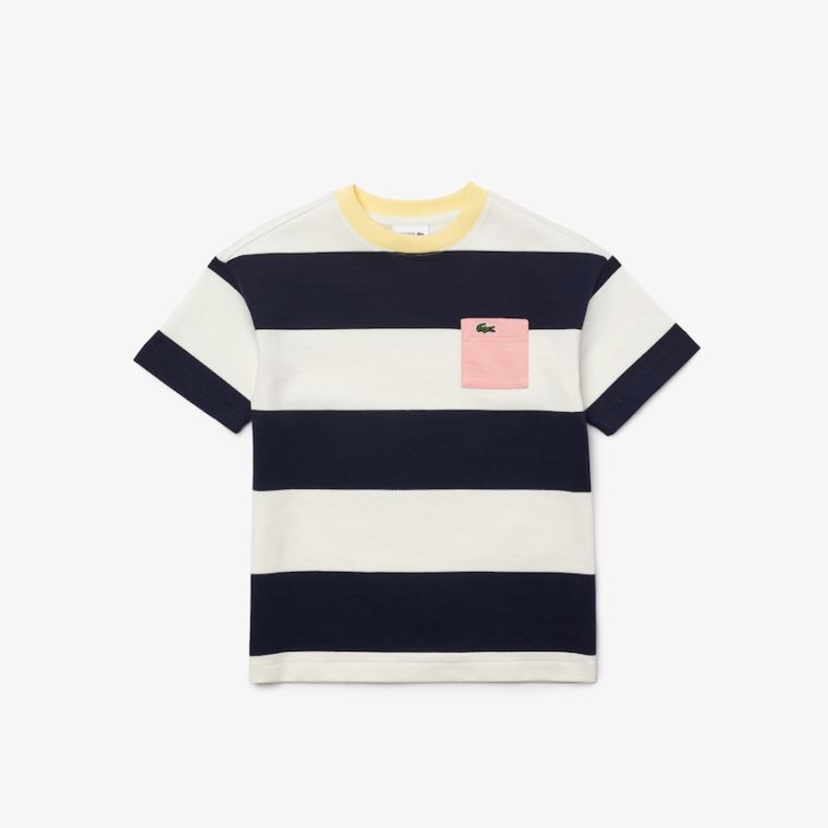 Lacoste Crewneck Rugby Striped Bavlněné T-shirt Bílé Tmavě Blankyt Blankyt | XMBPqy37