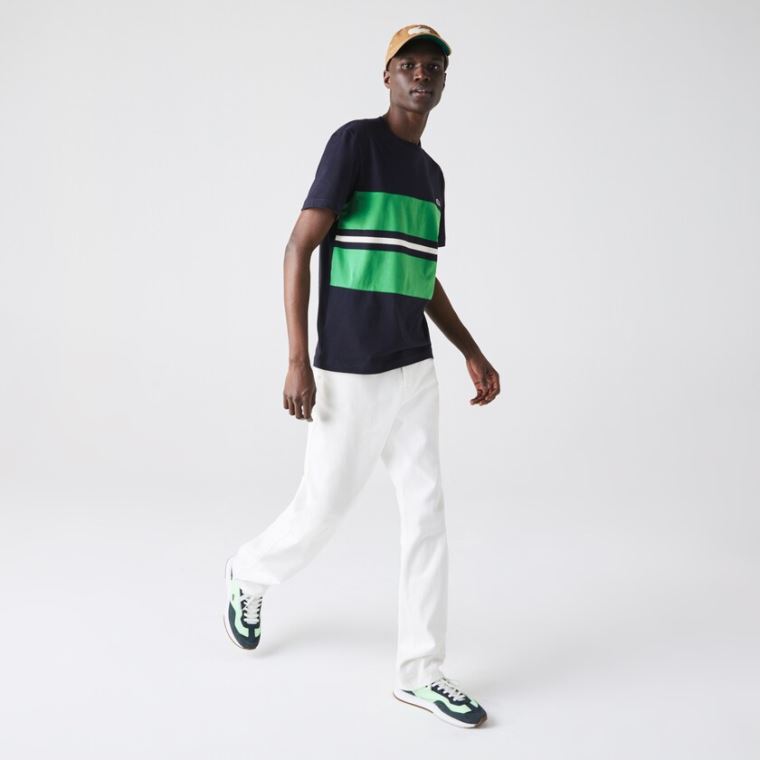 Lacoste Crewneck Striped Bavlněné T-shirt Tmavě Blankyt Blankyt Zelene Béžový | smNNOYuW