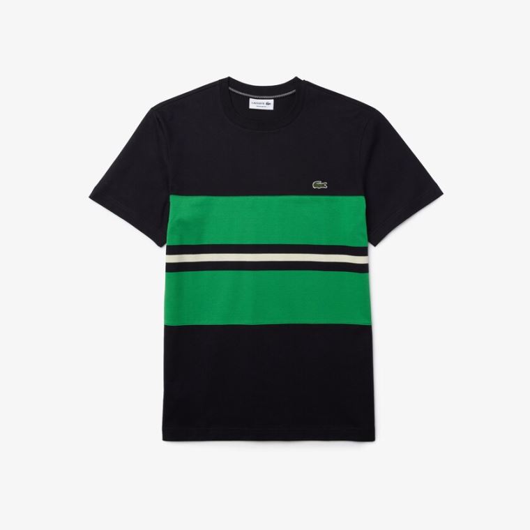 Lacoste Crewneck Striped Bavlněné T-shirt Tmavě Blankyt Blankyt Zelene Béžový | smNNOYuW