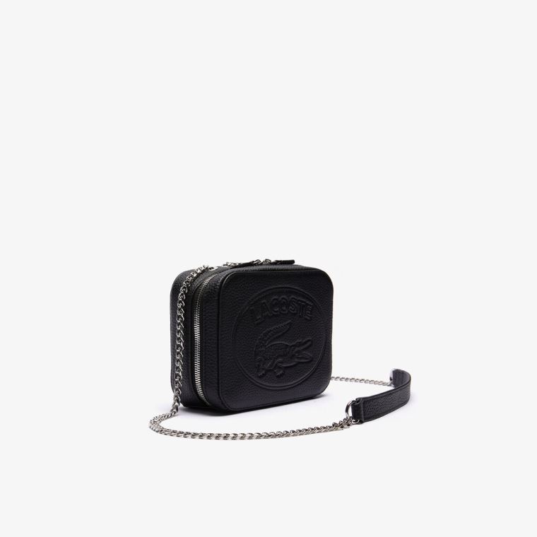 Lacoste Croco Crew Grained Læder Zip Shoulder Bag Černé | CmWwv8M4