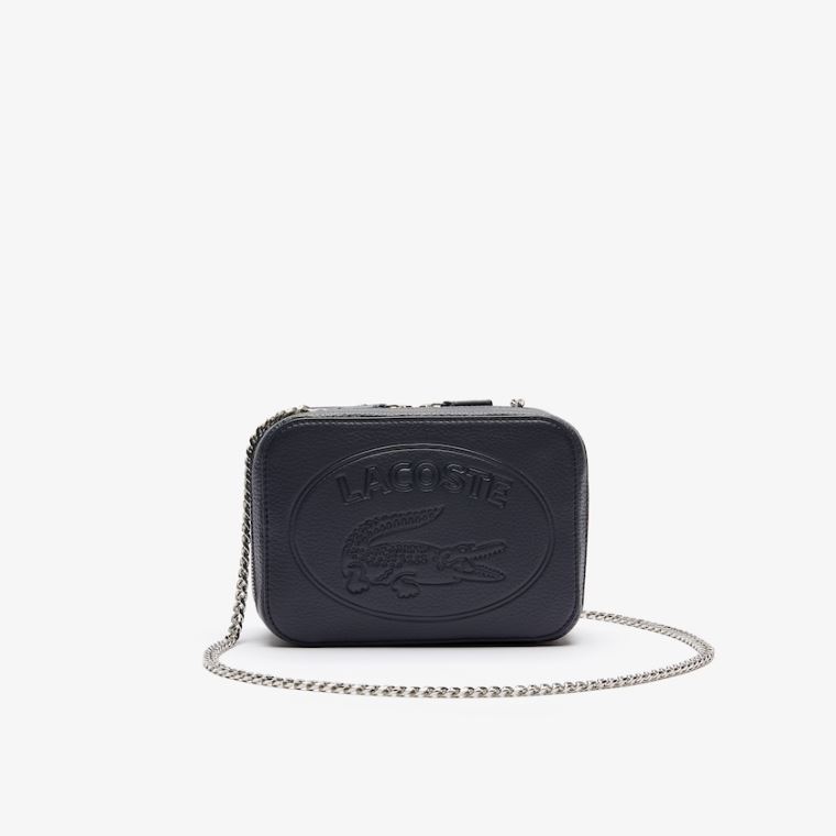 Lacoste Croco Crew Grained Læder Zip Shoulder Bag Tmavě Blankyt | DJx0h71s