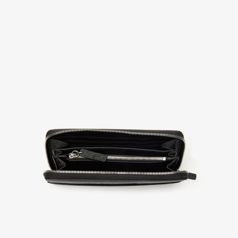 Lacoste Croco Crew Grained Læder Zip Wallet Černé | Uzuban2o