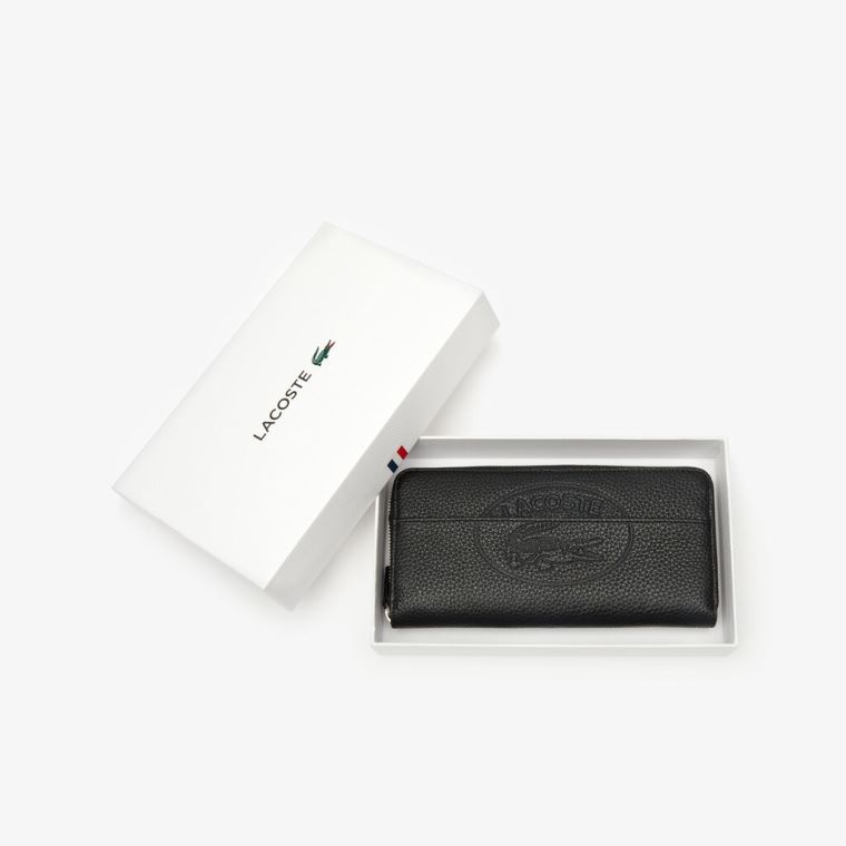 Lacoste Croco Crew Grained Læder Zip Wallet Černé | Uzuban2o