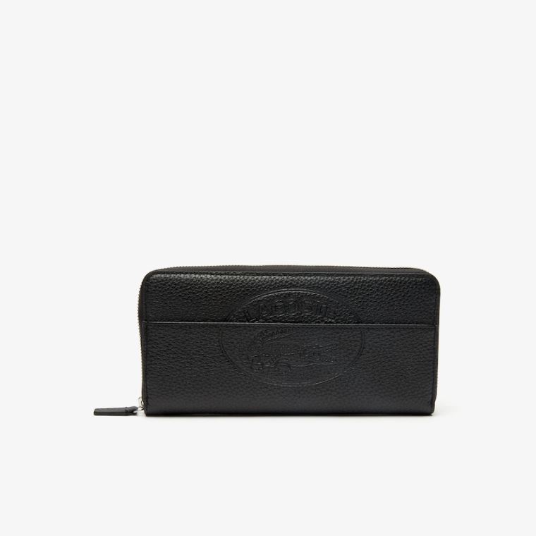 Lacoste Croco Crew Grained Læder Zip Wallet Černé | Uzuban2o