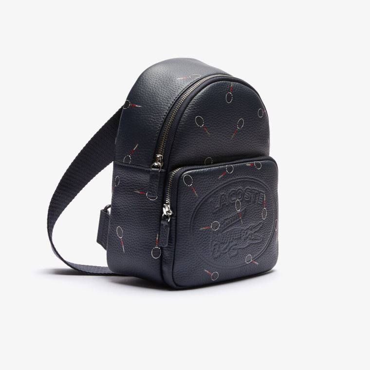 Lacoste Croco Crew Raquet-Print Small Grained Læder Backpack Černé | cs1LRQbj