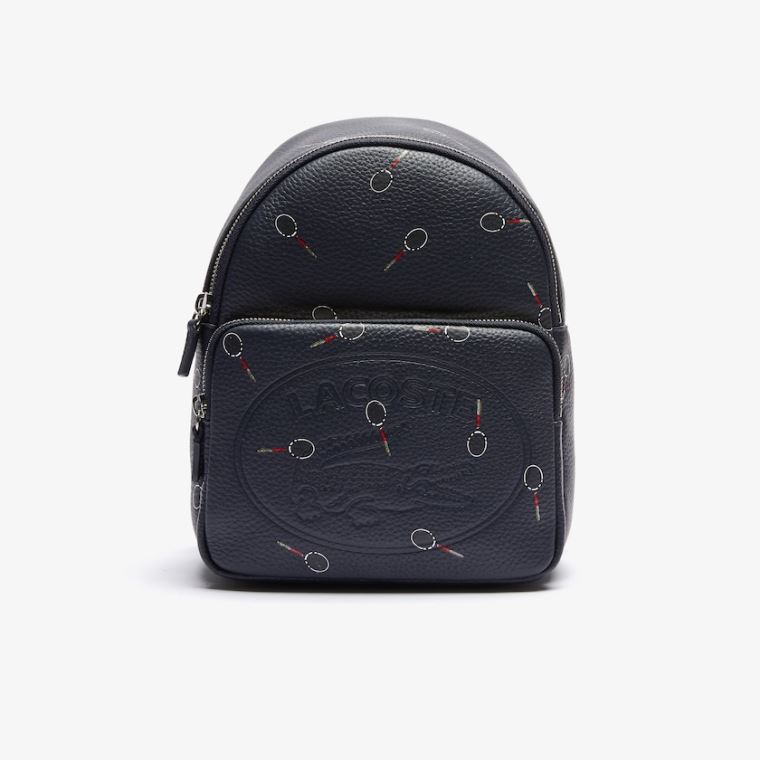 Lacoste Croco Crew Raquet-Print Small Grained Læder Backpack Černé | cs1LRQbj