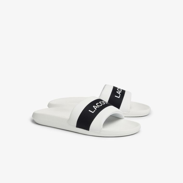 Lacoste Croco Slides Textilní Logo Bílé Tmavě Blankyt | B8S2akAA