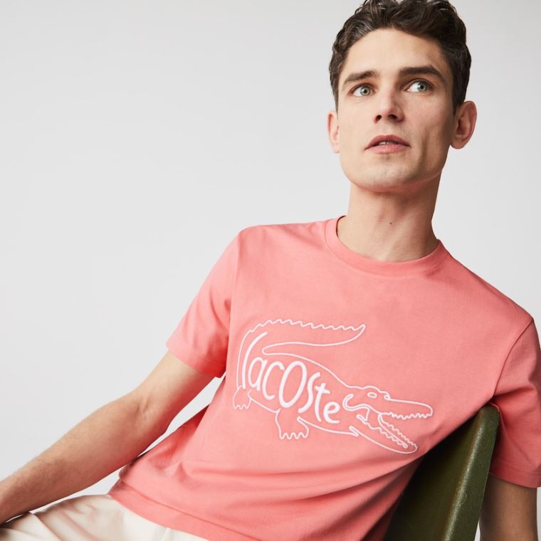 Lacoste Crocodile-Embroidery Bavlněné T-shirt Růžové | jiqHzwqO