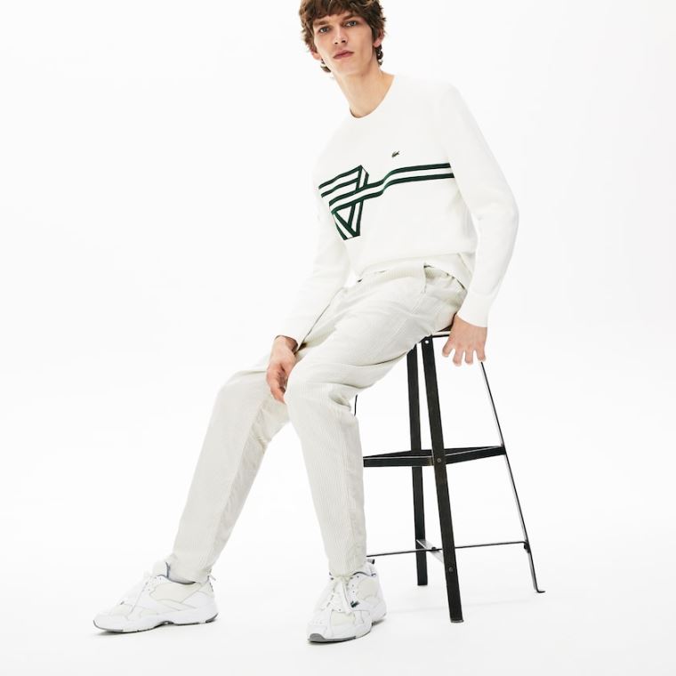 Lacoste Fine Striped Bavlněné- Linen Chinos Bílé Tmavě Šedé | d834XrUL