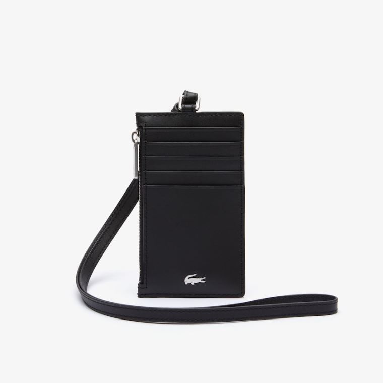 Lacoste Fitzgerald Læder Neck Páskové Zippered Card Holder Černé | CsjmUi87