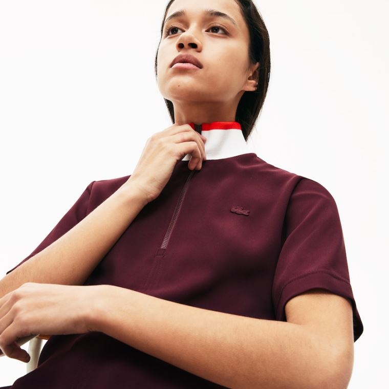 Lacoste Flared Zip-Up Polo Šaty Tmavě Červené Bílé Červené | 1hd9by14