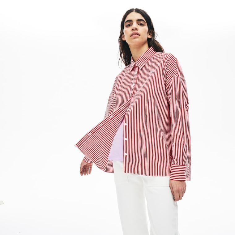 Lacoste LIVE Boxy-Fit Striped Bavlněné Shirt Bílé Červené | Y64oKhji